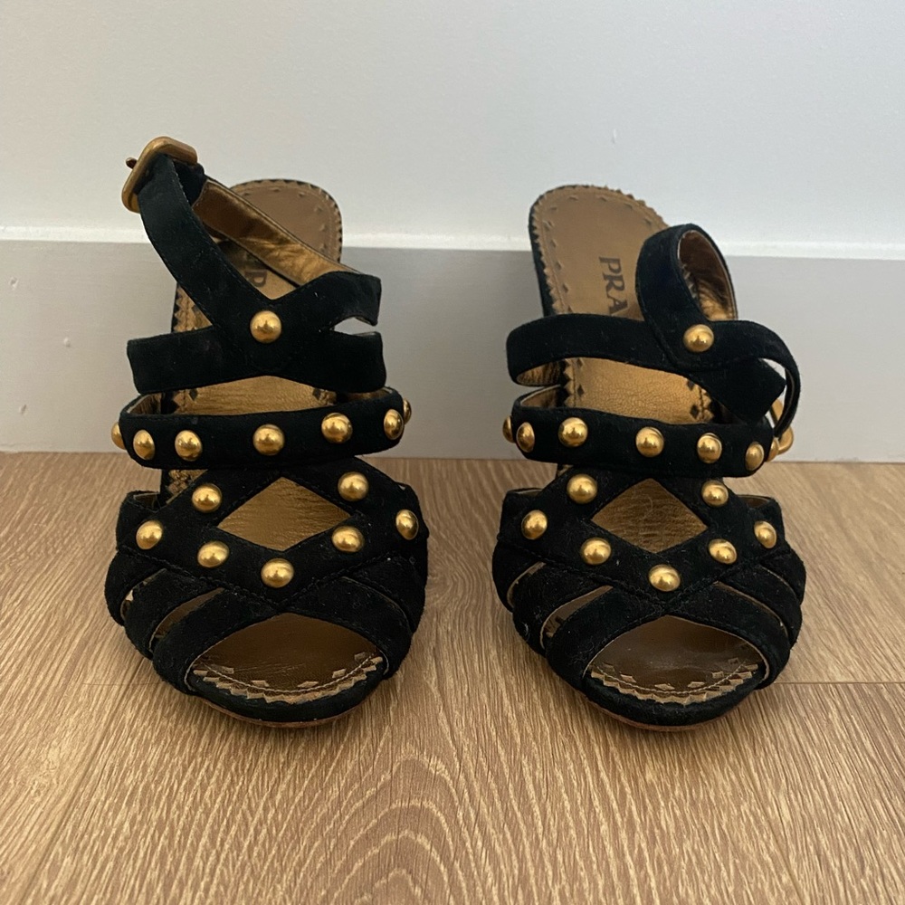 Prada Black Velvet and Gold Sculptural Pumps